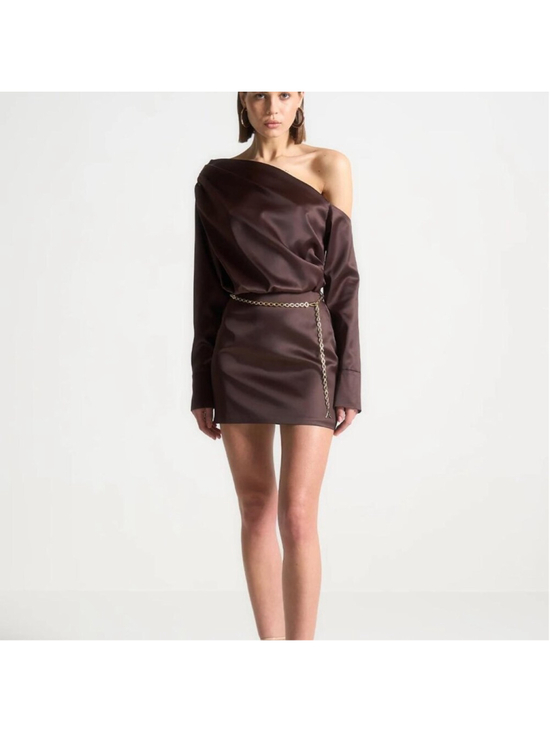 Maniere De Voir Dresses & Skirts - NEW Manière De Voir Dark Chocolate Brown Off Shoulder Satin Dress Size 42/ US 10